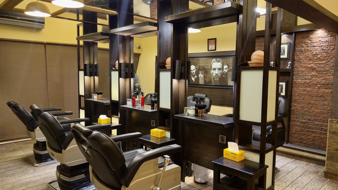 Barbering stations and mirrors at the Stadium branch